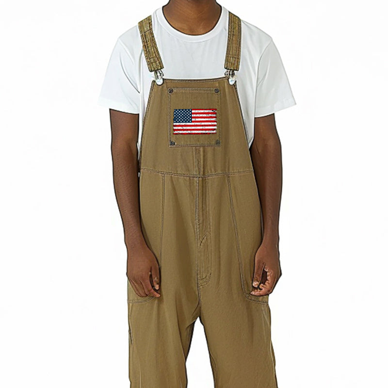 Men's American Flag Printed Casual Loose Straight Cargo Overalls