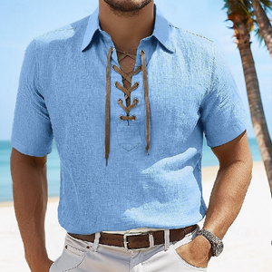Men's Solid Color Casual Vacation Lace Lapel Short Sleeve Shirt