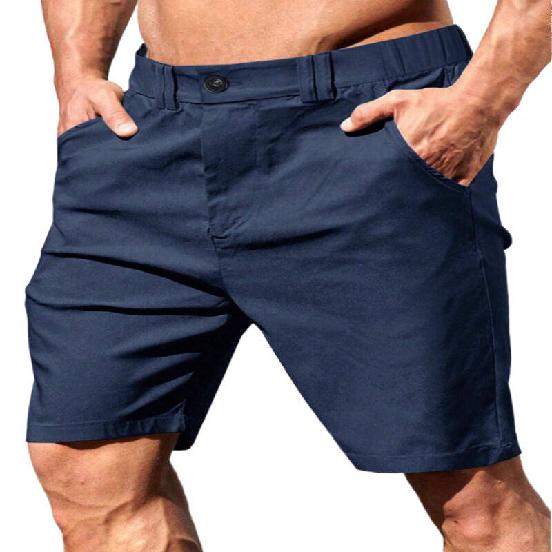 MEN'S SOLID COLOR CASUAL ELASTIC WAIST ZIPPERED POCKET SHORTS