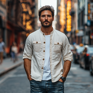 Men's Spring Fashion Personalized Lace Pocket Stitching Cotton And Linen Long Sleeve Shirt