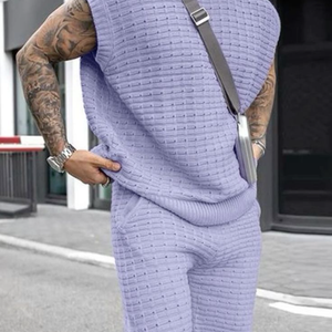 Men's Casual Round Neck Loose Tank Top Elastic Waist Shorts Knitted Set