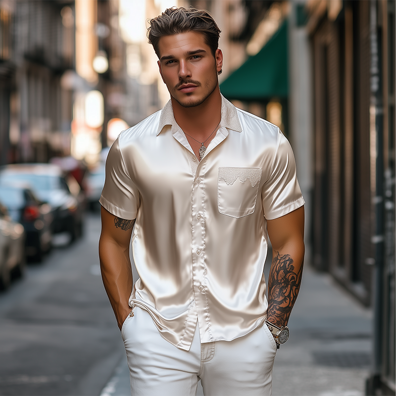 Herren Frühling und Sommer Mode Tasche Spitze Nähte Satin Kurzarmhemd