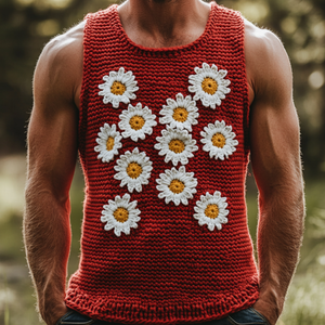 Men's Casual Crew Neck Daisy Embroidered Slim Fit Knitted Tank Top