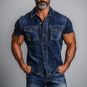 Men's Vintage Lapel Short Sleeve Denim Shirt