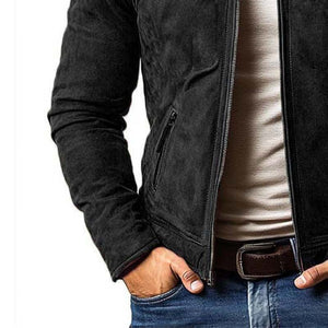 Men's Classic Casual Slim Fit Zipper Multi-Pocket Stand Collar Suede Jacket