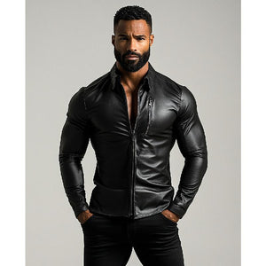 Men's Fashion Lapel Zipper Slim Fit Long Sleeve Leather Shirt