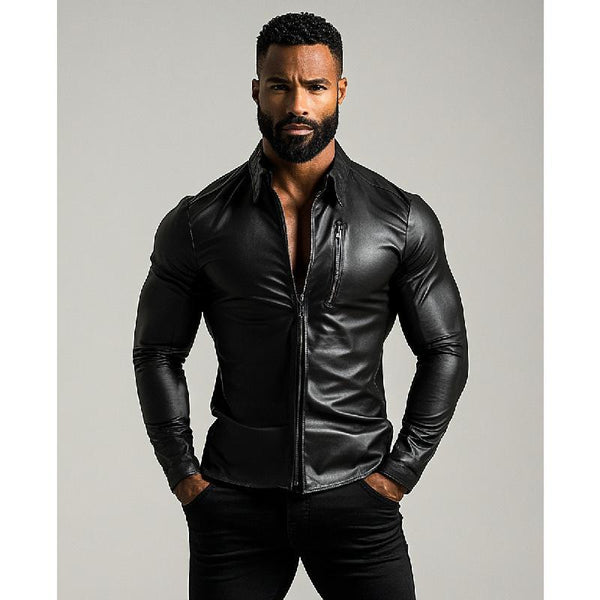 Herrenmode Revers Reißverschluss Slim Fit Langarm Lederhemd