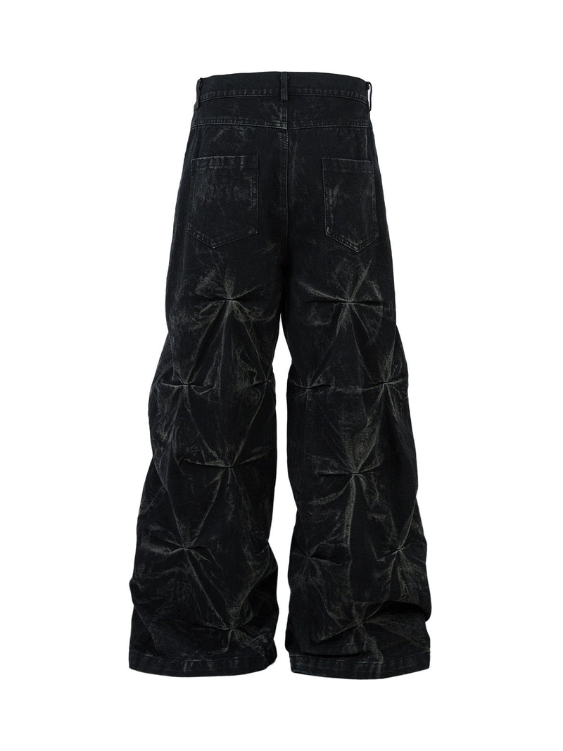 Heavy Washed Distressed Pleated Baggy Jeans