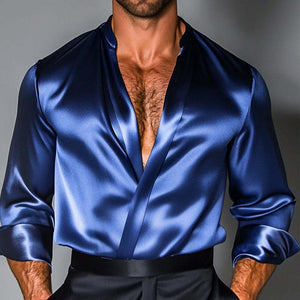 Lockeres, glänzendes Langarmhemd mit Stehkragen für Herren