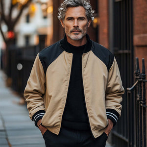 Men's Retro Black Camel Colorblock Zipper Baseball Jacket