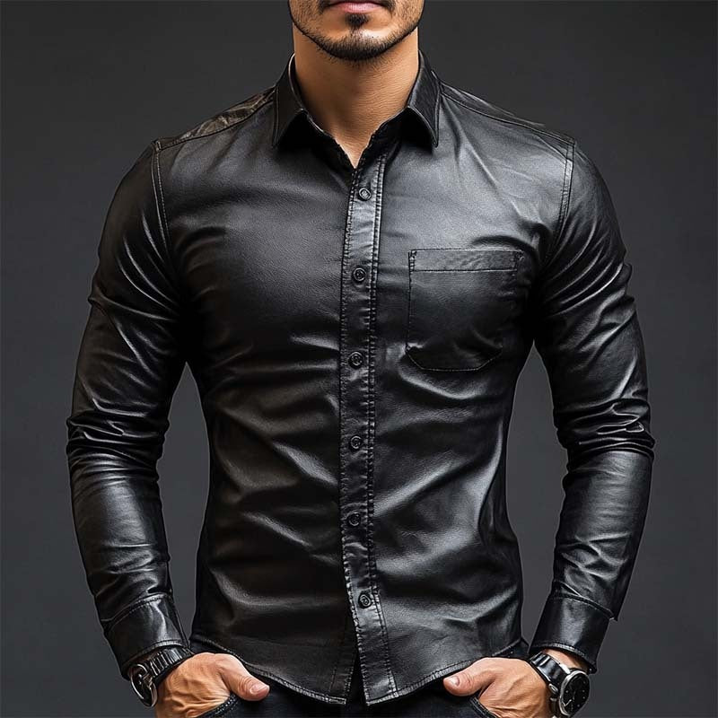 Klassisches, lässiges Slim Fit-Langarmhemd aus Leder für Herren