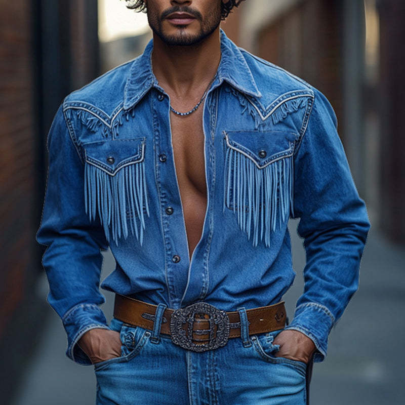 Herren Retro Western Cowboy Quastenstich Denim Langarmhemd