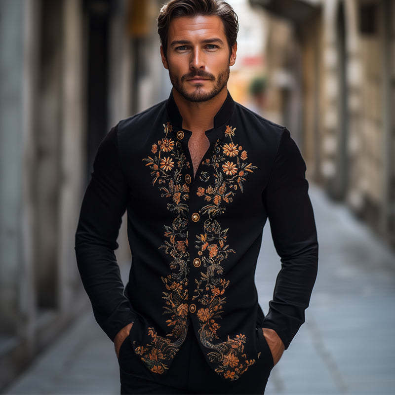 Herren Frühling und Herbst Retro Besticktes Stehkragen Langarmhemd