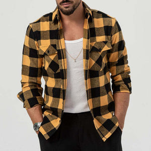 Men's Retro Casual Plaid Pocket Lapel Long Sleeve Shirt