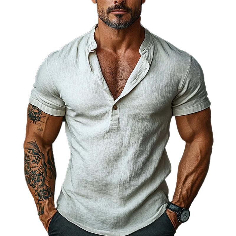 Men's Cotton Button Round Neck Pullover Short Sleeve T-Shirt