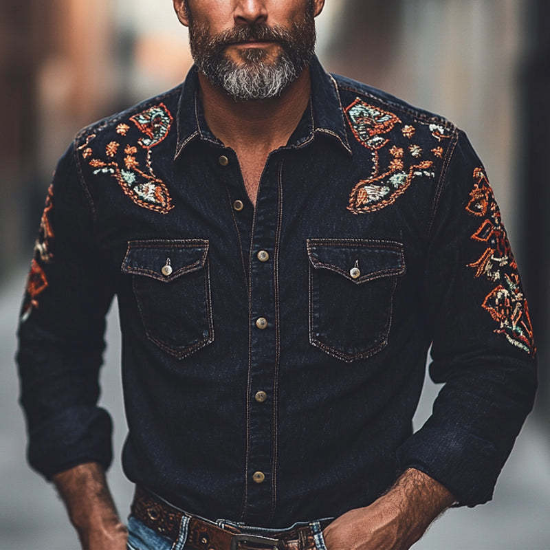 Herren-Jeanshemd mit Vintage-Stickerei und langen Ärmeln