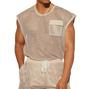Men's Casual Mesh Spliced Chest Pocket Loose Round Neck Tank Top