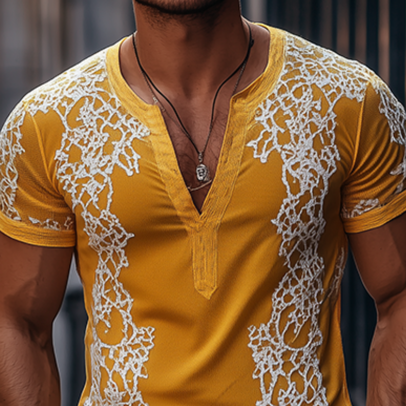 Men's Spring Fashion Deep V Neck Exquisite Embroidery Cotton Short Sleeve T-shirt