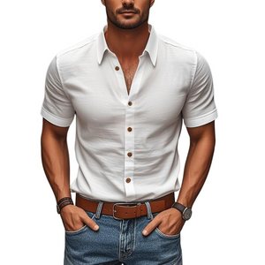 Men's Casual Comfortable Cotton Lapel Single Breasted Slim Fit Short Sleeve Shirt