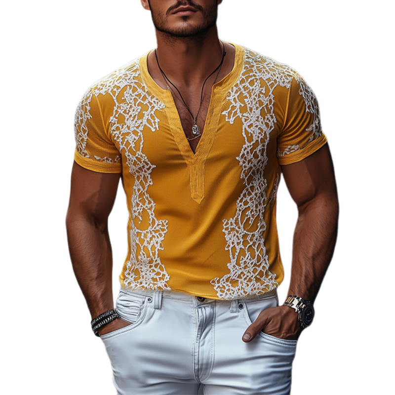 Men's Spring Fashion Deep V Neck Exquisite Embroidery Cotton Short Sleeve T-shirt
