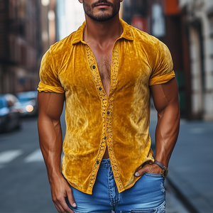 Men's Spring Fashion Sexy Lace Splicing Velvet Slim Fit Short Sleeve Shirt