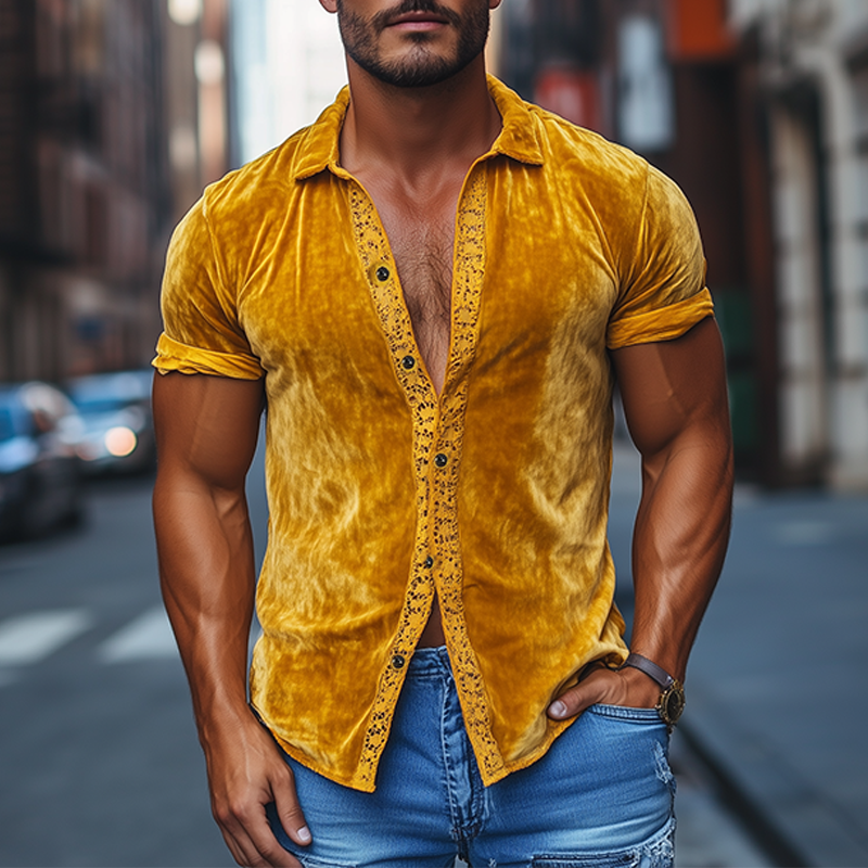 Herren Frühlingsmode Sexy Spitze Spleißen Samt Slim Fit Kurzarmhemd