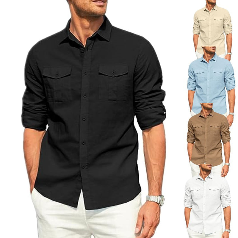 DOUBLE POCKET COTTON LINEN LONG SLEEVED SHIRT CASUAL VACATION SHIRT