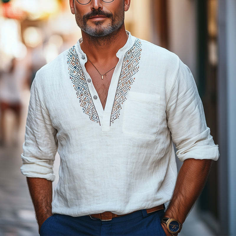 Men's Deep V Neck Vintage Embroidered Cotton And Linen T-Shirt