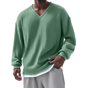 Men's Casual V-neck Striped Loose Long Sleeve T-shirt