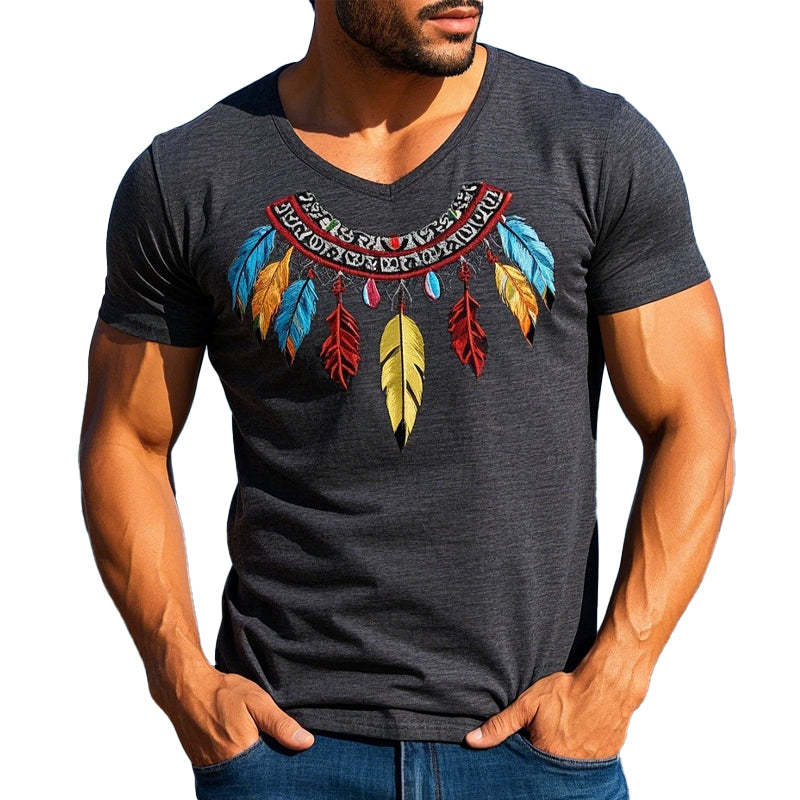 Herren-T-Shirt aus Baumwollmischung mit Federstickerei und kurzen Ärmeln