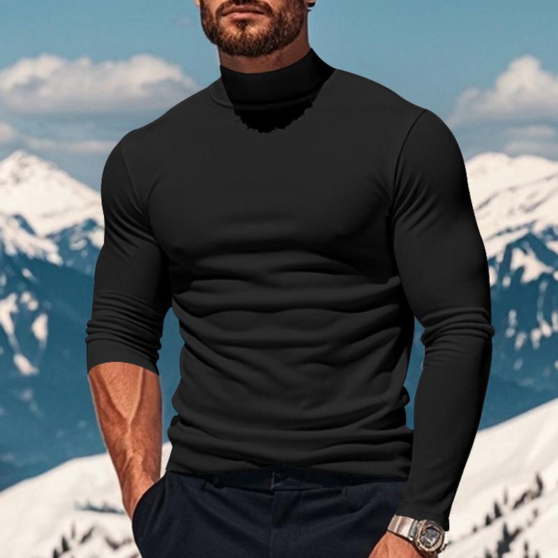 Men's Solid Color Plush Half High Collar Long Sleeve T-shirt