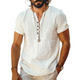 Men's Casual Cotton Linen Henley Collar Loose Short Sleeve T-Shirt