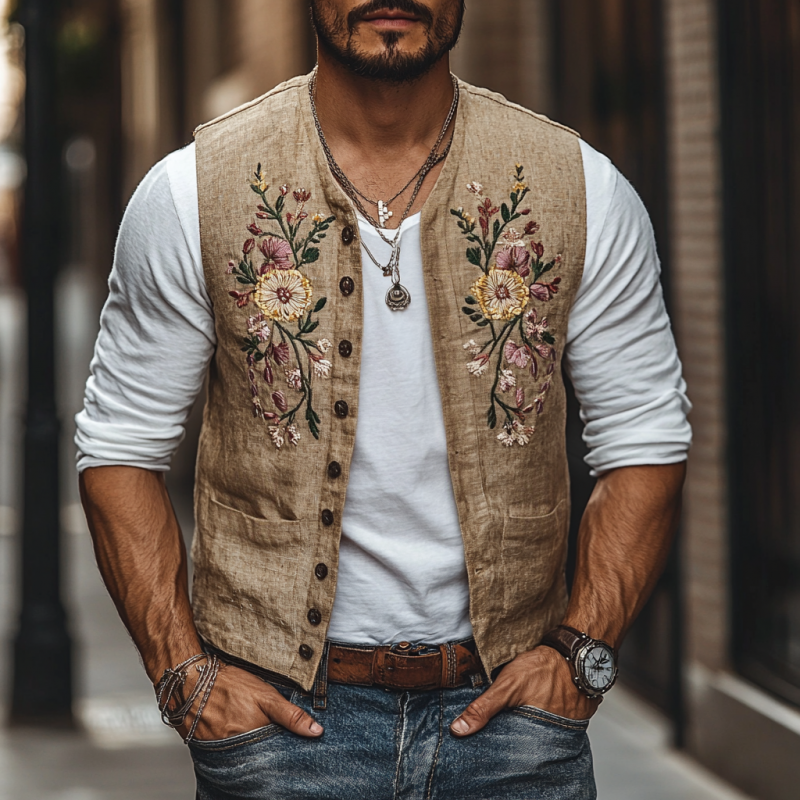 Herren Casual Leinen Blumenstickerei Einreihig Slim Fit Anzugweste