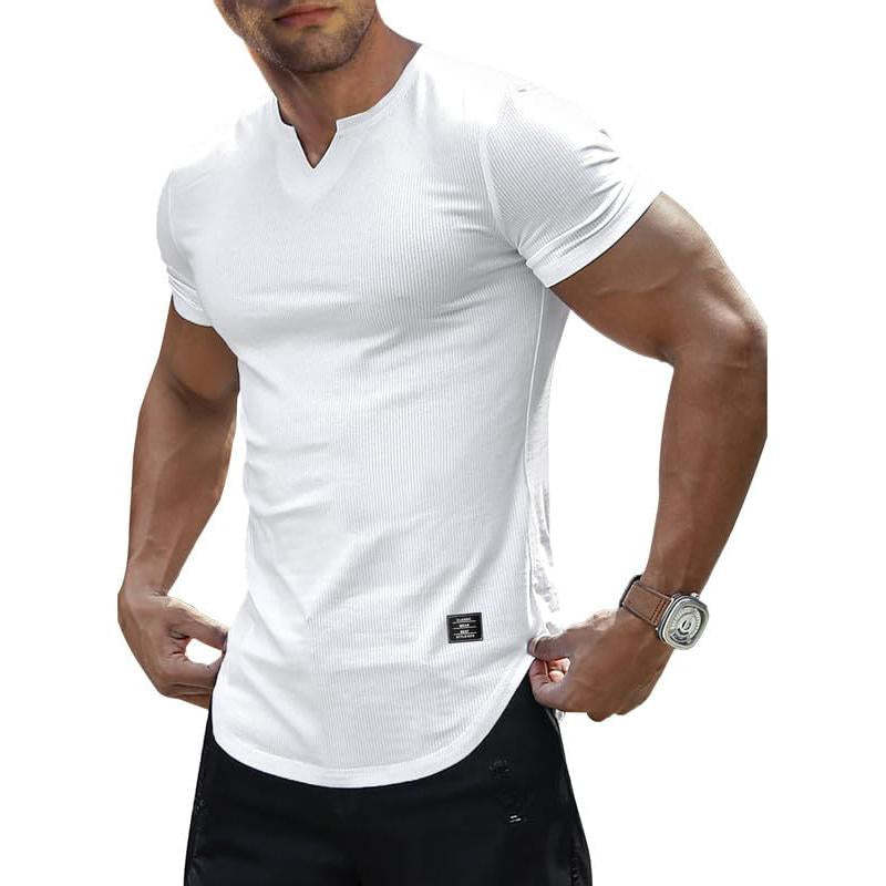 Einfarbiges, gestricktes Kurzarm-T-Shirt mit V-Ausschnitt für Herren