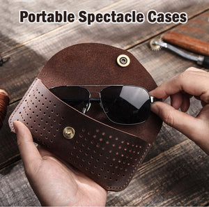 Men's Portable Top Layer Cowhide Hollow Glasses Storage Bag
