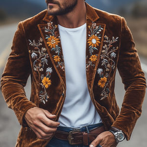 Klassischer, einreihiger Retro-Slim-Fit-Blazer für Herren mit Samtstickerei