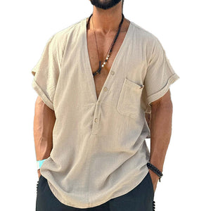 Kurzarmhemd aus Baumwolle und Leinen mit V-Ausschnitt für Herren