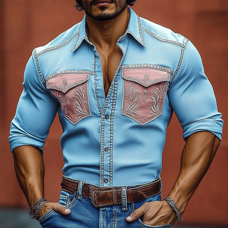 Herrenhemd im Vintage-Western-Cowboy-Stil mit Stickerei und Knopfleiste