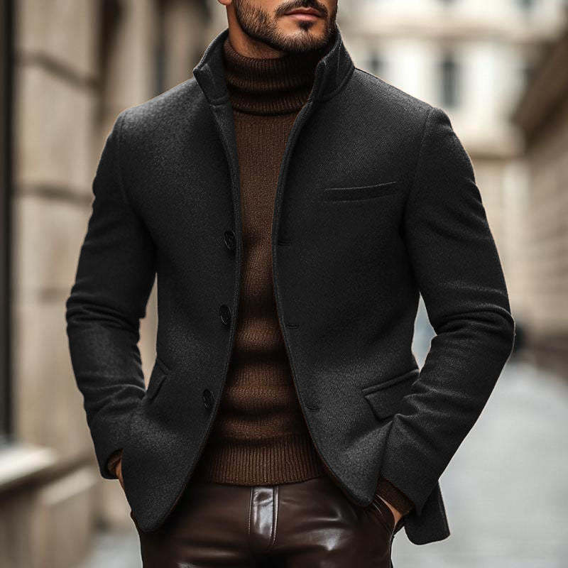 Herren-Blazer im Vintage-Stil, aus Wollmischung, mit Stehkragen, einreihig, schmaler Schnitt