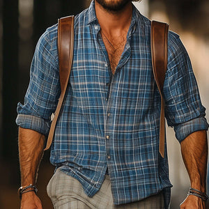 Herren Western Retro Plaid Print Langarmhemd Shorts Set