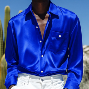 Men's Vintage Satin Lapel Patch Pocket Loose Long Sleeve Shirt