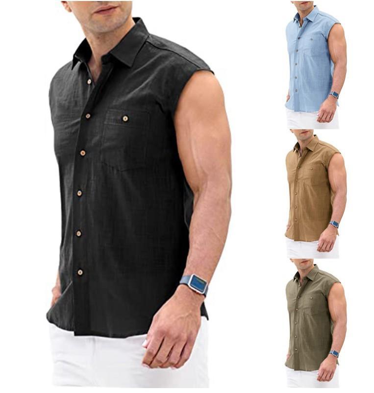 BUTTON LAPEL CASUAL SLEEVELESS CARDIGAN SHIRT MEN'S VEST