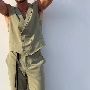 Herren Solide Kerbe Revers Zweireihige Weste Hose Casual Set