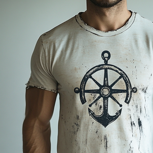 Men's Retro Nautical Anchor Print Casual Ripped Round Neck Short Sleeve T-Shirt