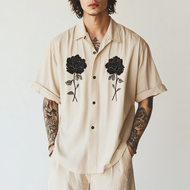 Herren Casual Baumwolle Leinen Rose Stickerei Revers Lose Kurzarmhemd
