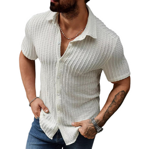 Men's White Jacquard Texture Slim Short Sleeve Shirt