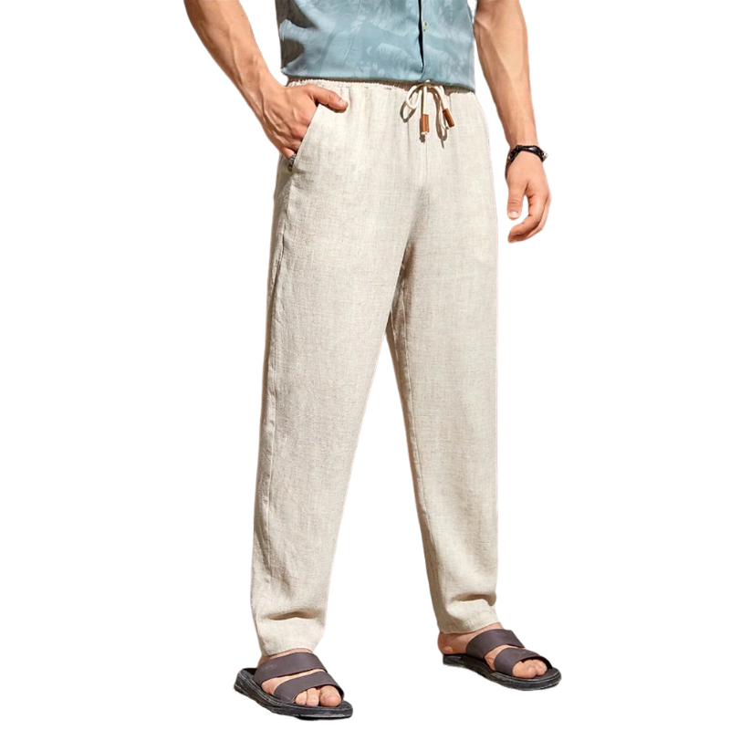 Lässige Herrenhose aus Baumwolle und Leinen mit elastischer Taille und geradem Bein
