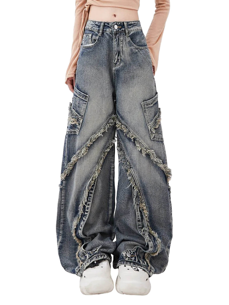 Washed Side Pocket Raw Edge Baggy Jeans