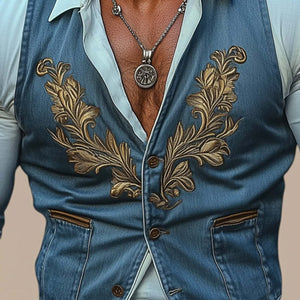 Men's Vintage Three-Button Denim Embroidered Vest