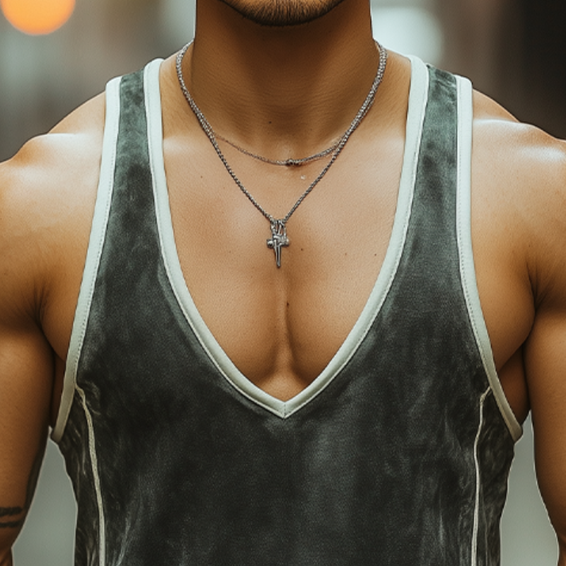 Herren Sommermode Persönlichkeit Freizeit Tiefer V-Ausschnitt Nähte Wildleder Tank Top